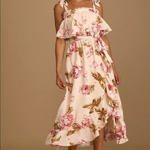 Lulu’s Timeless Love Blush Floral Print Ruffled Tie-Strap Midi Dress